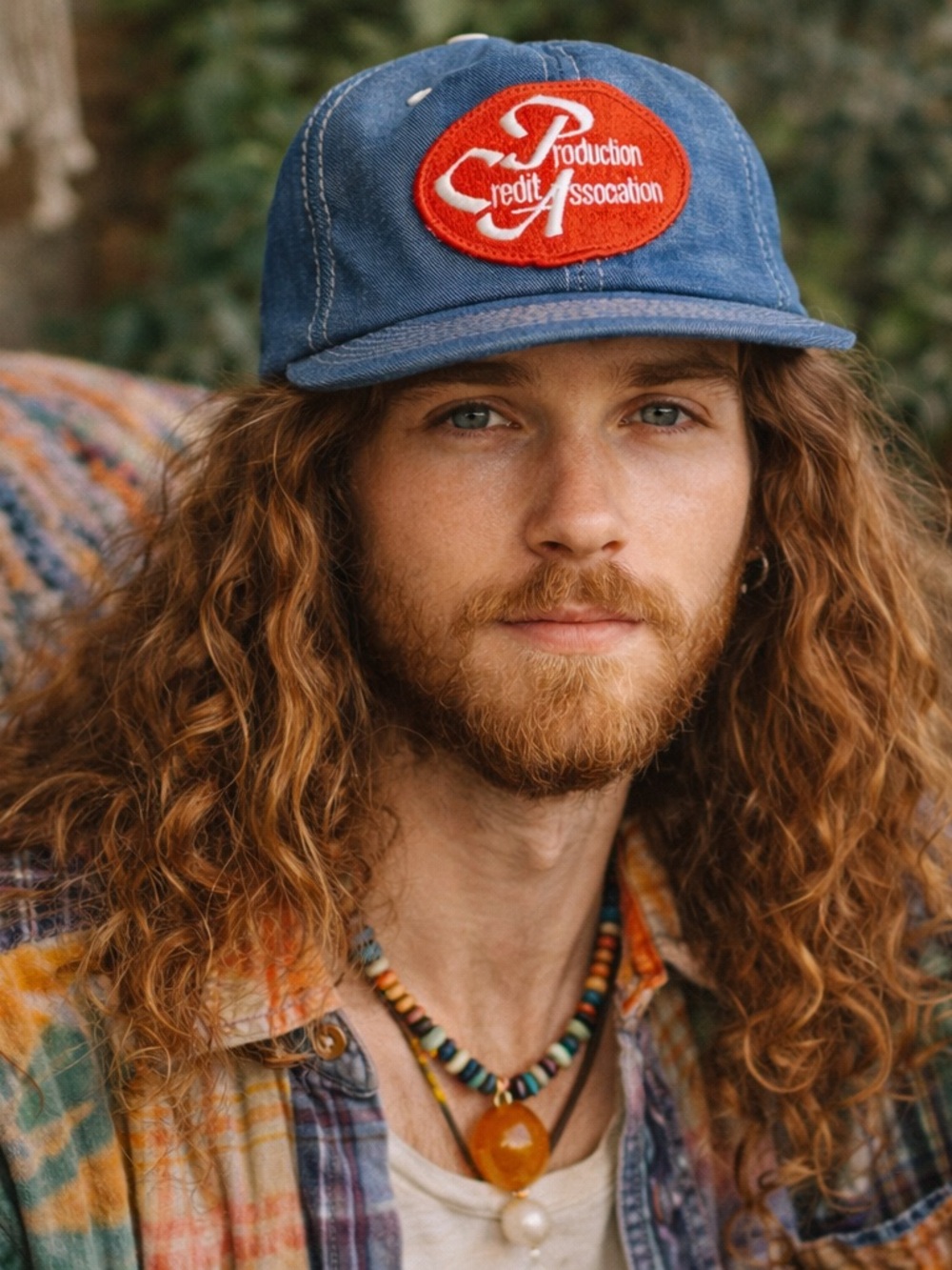 Vintage Blue Denim trucker style Cap with Red Patch and snap back